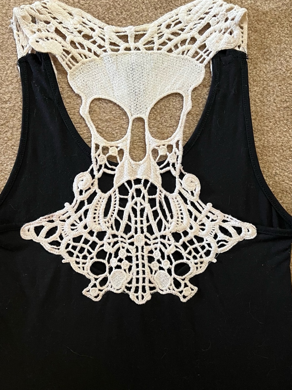 Black Tank Top with Ivory Crochet Skull Back